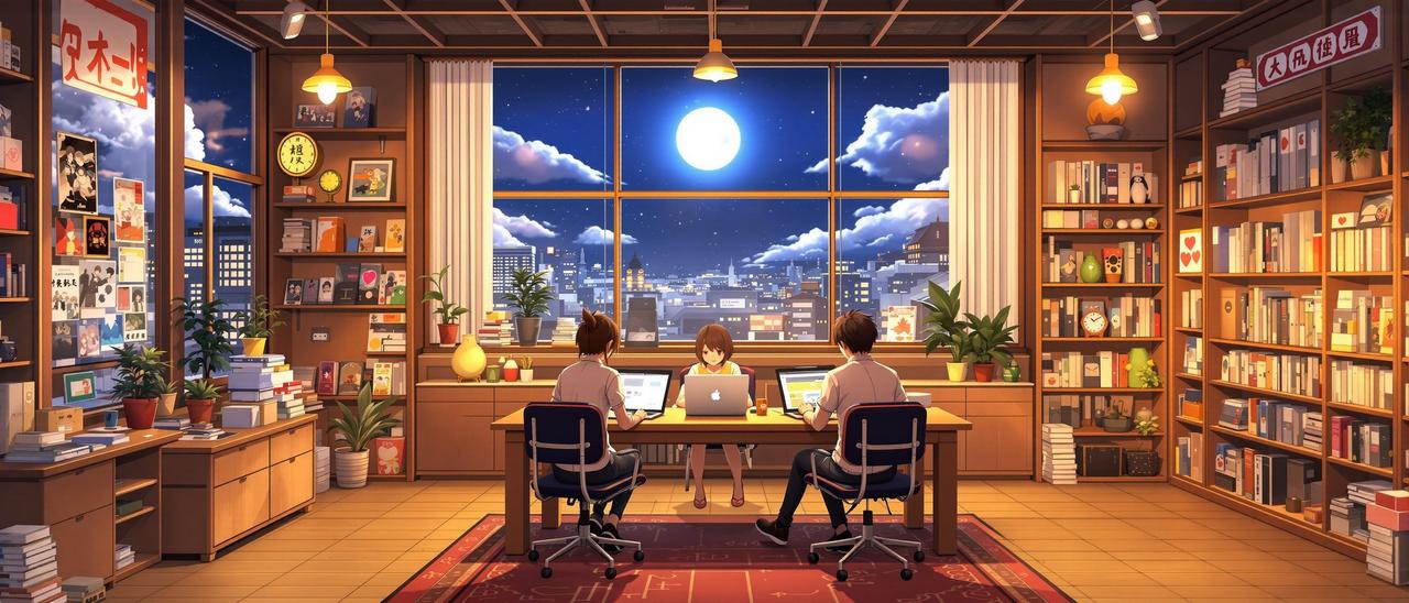 快看动漫团队工作场景 - 月光下的动漫编辑部,充满番剧海报与温暖灯光